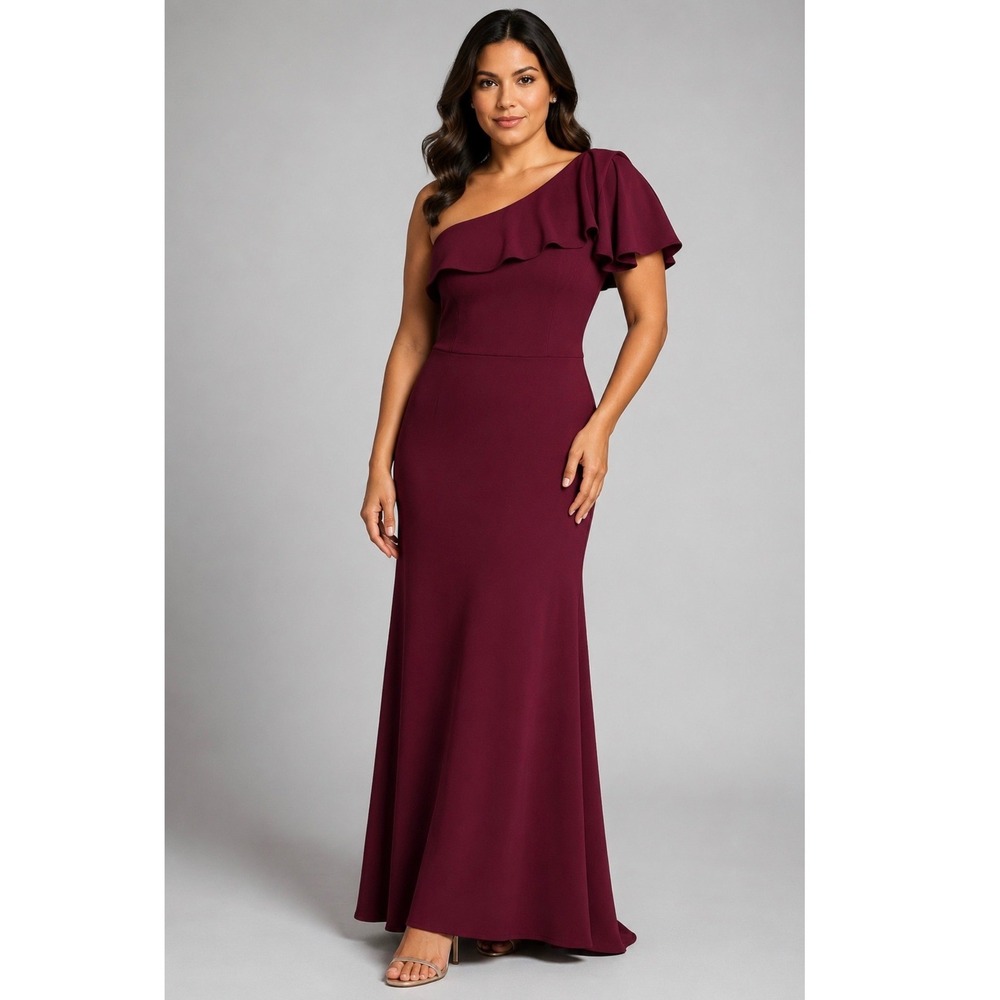 Betsy & Adam Womens Fitted Formal Gown Size 10 Wine Maroon Stretch Ruffle